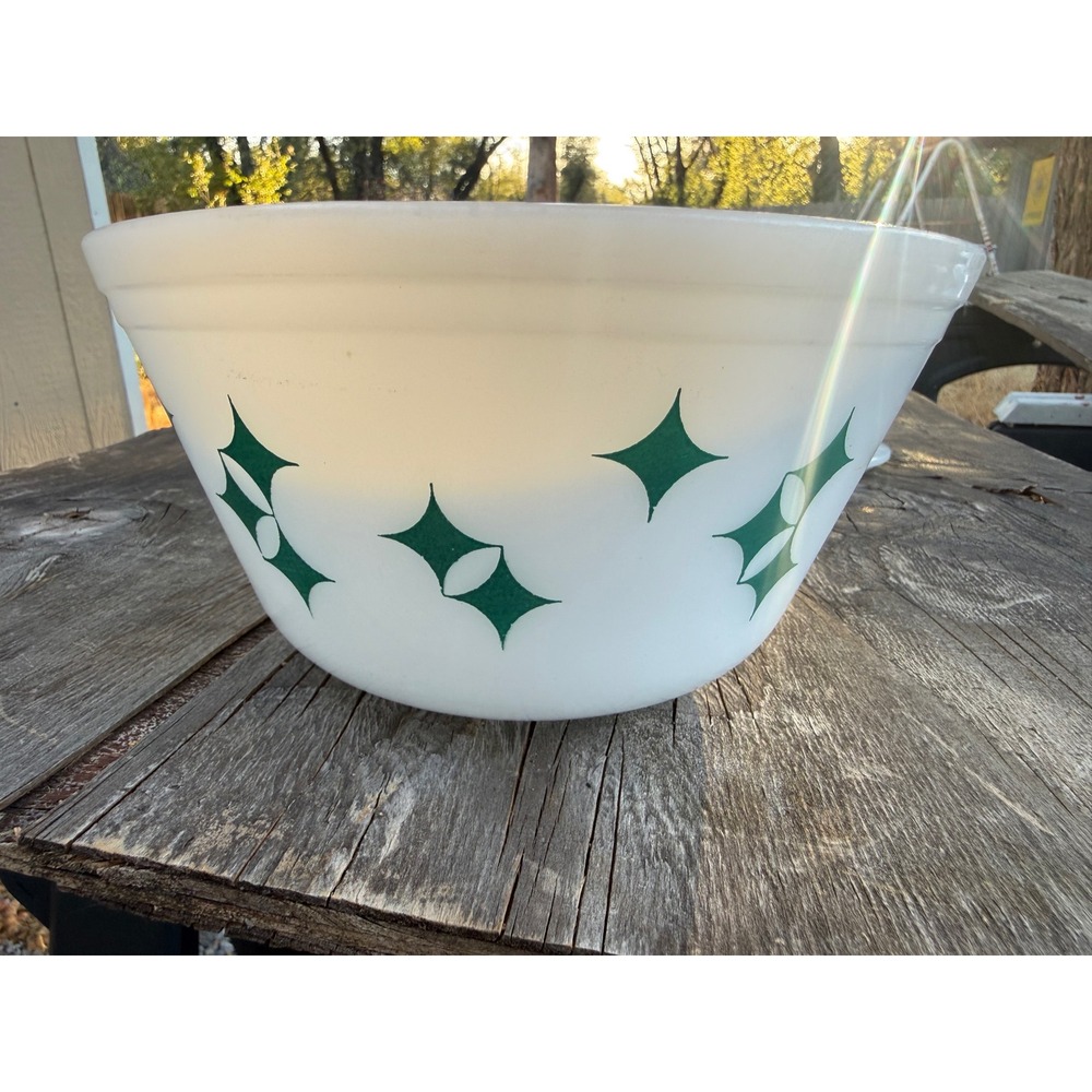 Vintage Federal Glass Teal Atomic Starburst Lidded Milk Glass Bowl Mid Century